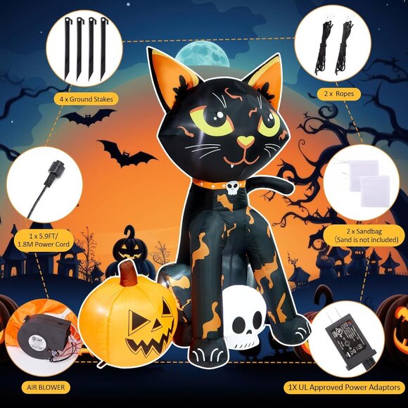 CAMULAND 1.5M Halloween Inflatable Black Cat With Pumpkin Blow Up Yard Decor - Picture 7 of 9